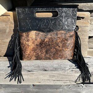 Cowhide and Black Tooled Leather Concealed Carry Purse